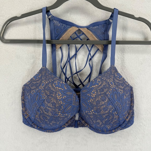 Victoria's Secret Very Sexy Push Up Bra 32DD/E70 Blue Lace Criss Cross Back - Picture 1 of 12